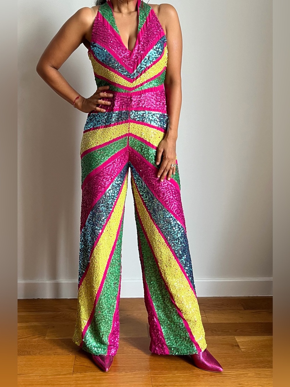 FUN Sparkly Sequin Halter Jumpsuit in Fuchsia, Teal & Lime - Picture 7 of 11